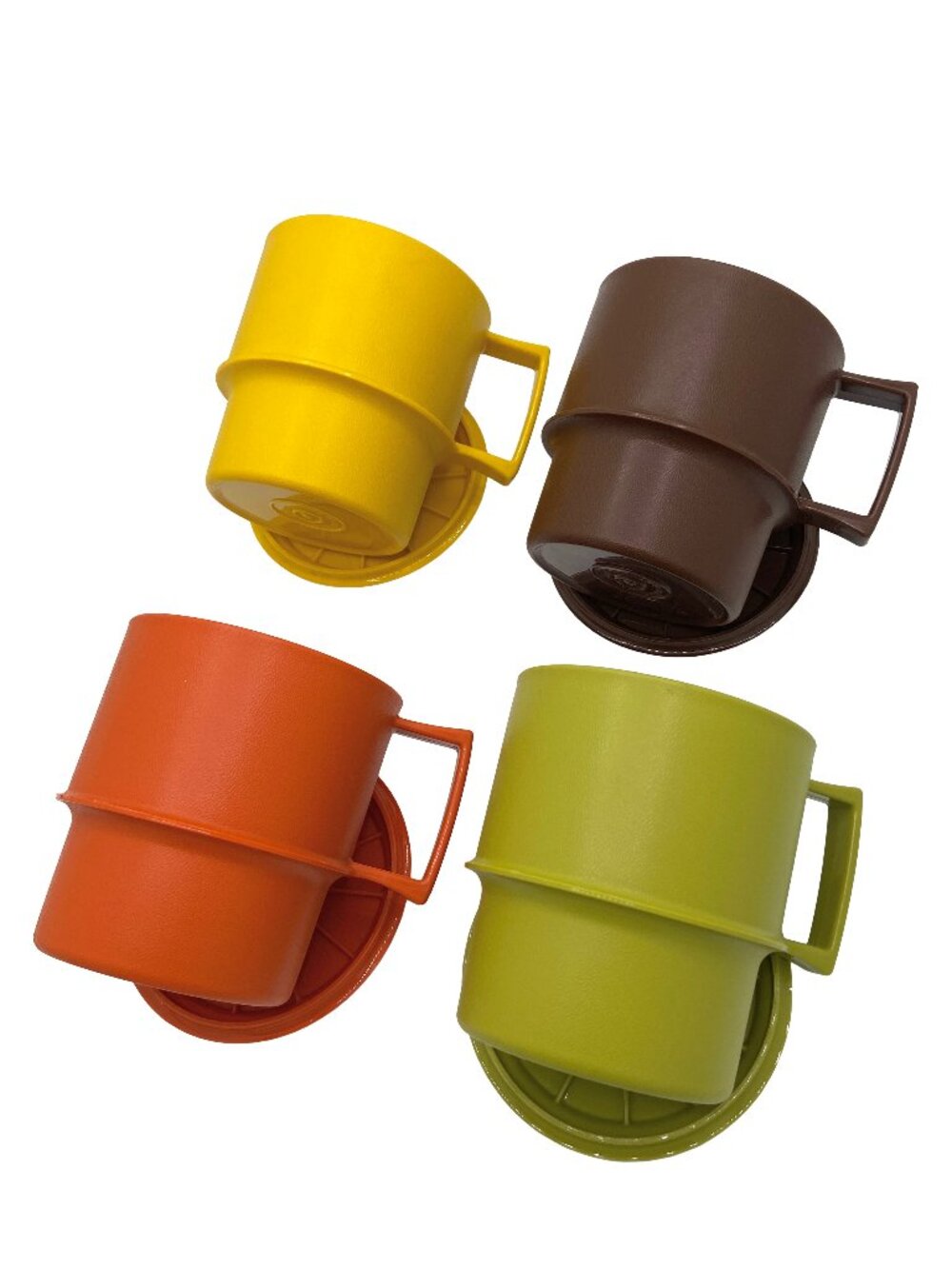 1970s VINTAGE TUPPERWARE STACKABLE TRAVEL MUGS LIDS COASTERS SET OF 4